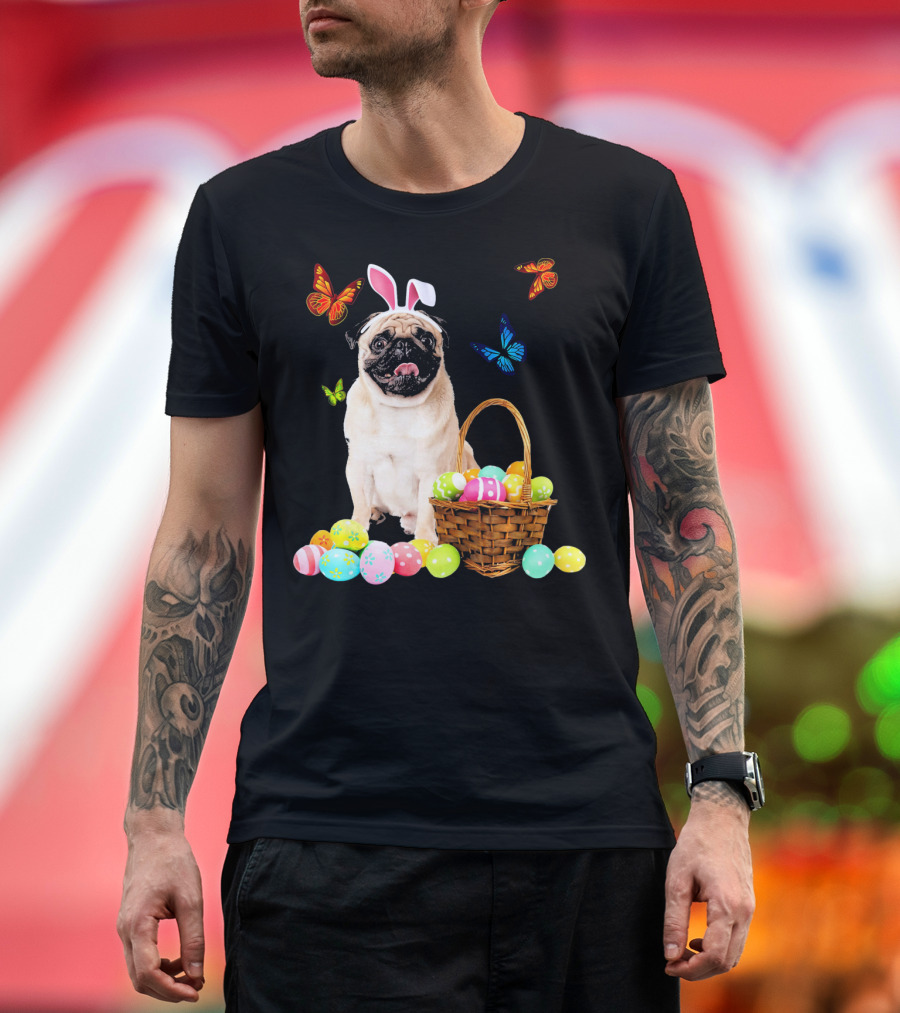 Pug with Bunny Ears and Easter Eggs with Colorful Butterflies T-Shirt