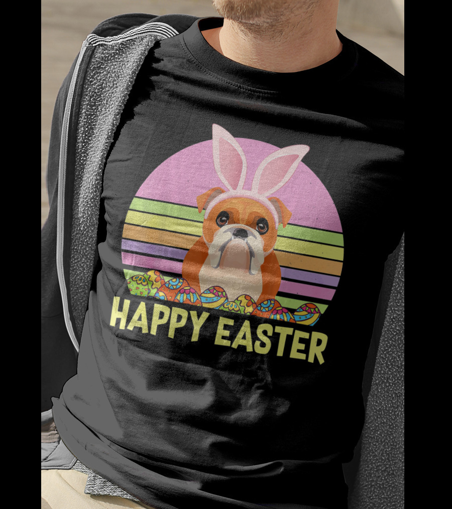Happy Easter Day British Bulldog Bunny Ears Rainbow Eggs Retro T-Shirt