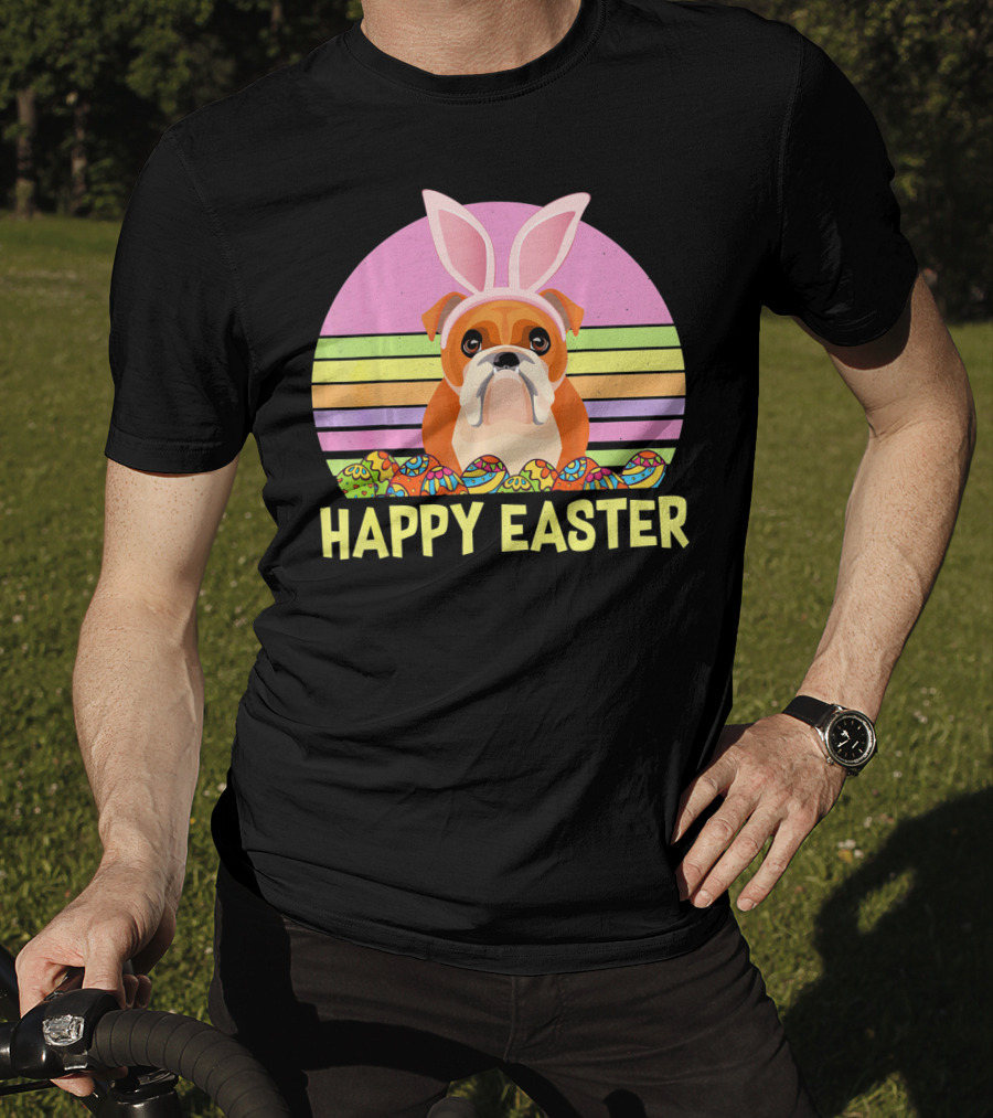 Happy Easter Day British Bulldog Bunny Ears Rainbow Eggs Retro T-Shirt