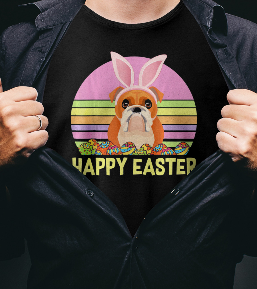 Happy Easter Day British Bulldog Bunny Ears Rainbow Eggs Retro T-Shirt