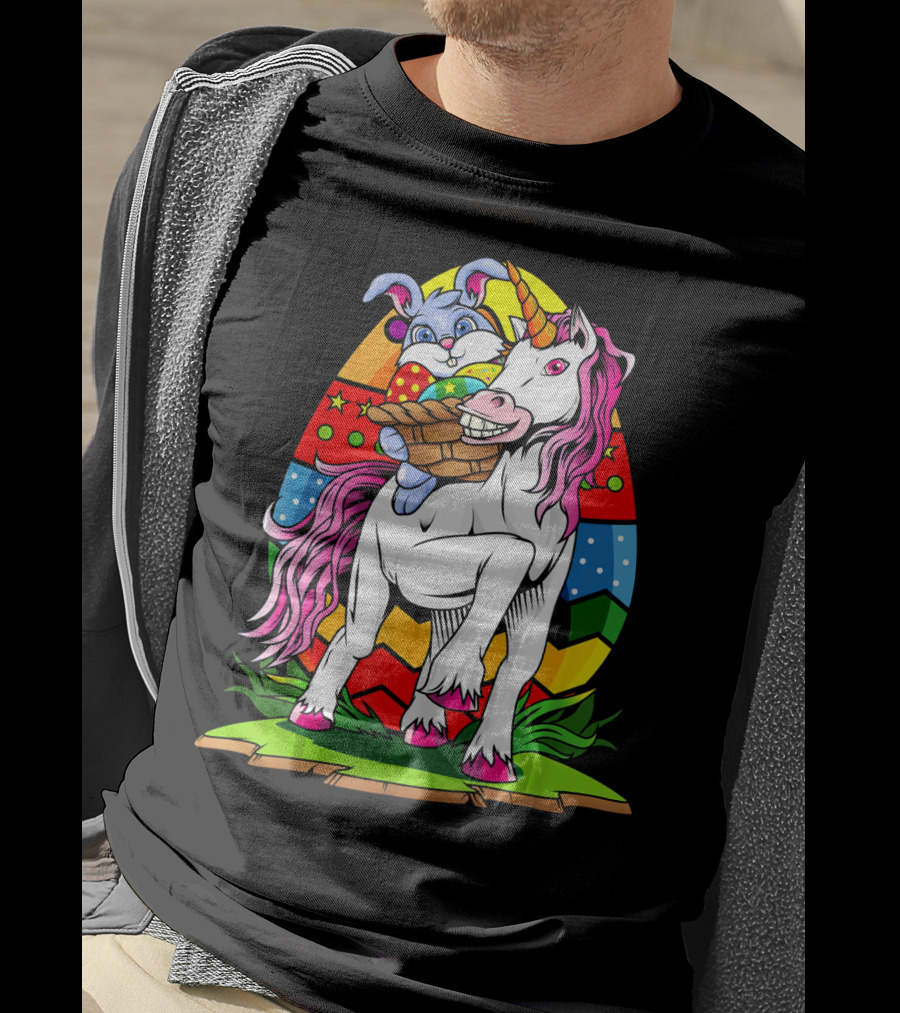 Funny Colorful Easter Bunny Riding Unicorn With Eggs T-Shirt