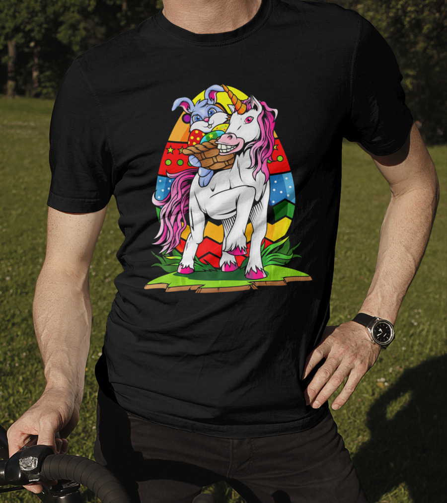 Funny Colorful Easter Bunny Riding Unicorn With Eggs T-Shirt