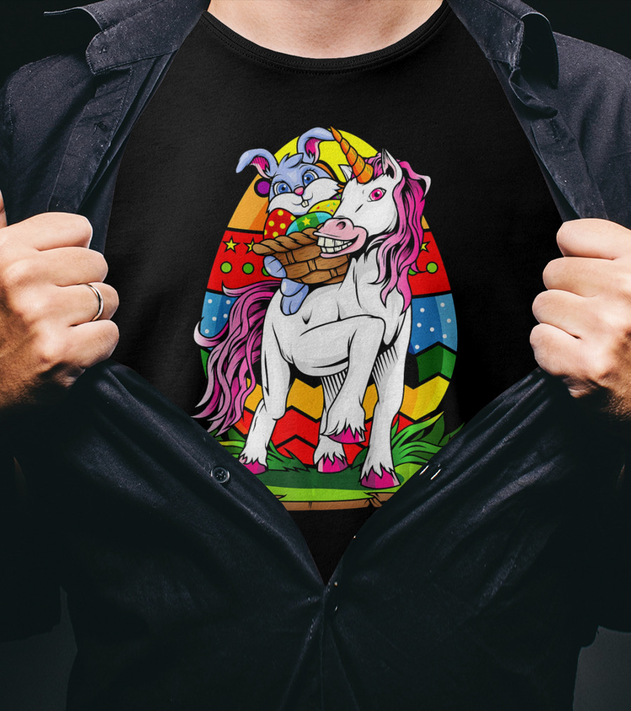 Funny Colorful Easter Bunny Riding Unicorn With Eggs T-Shirt
