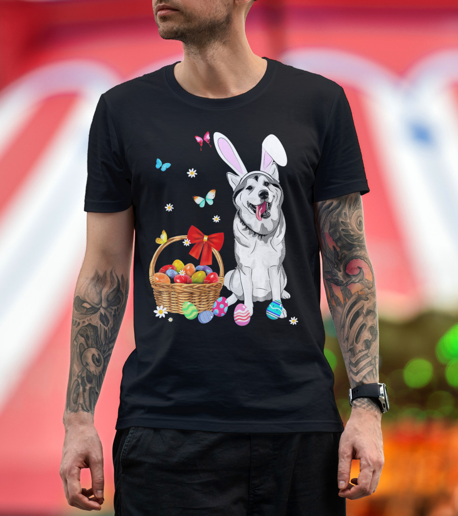 Siberian Husky Bunny Ears Easter Basket Eggs Butterflies T-Shirt