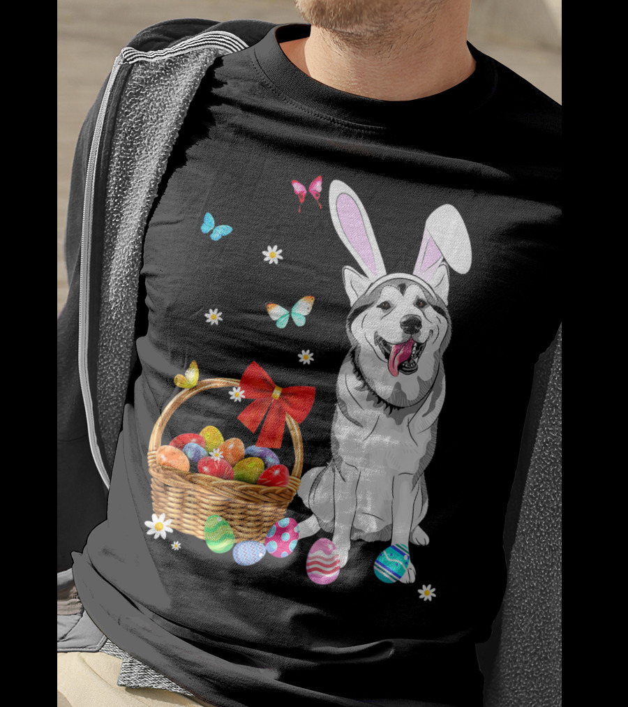 Siberian Husky Bunny Ears Easter Basket Eggs Butterflies T-Shirt