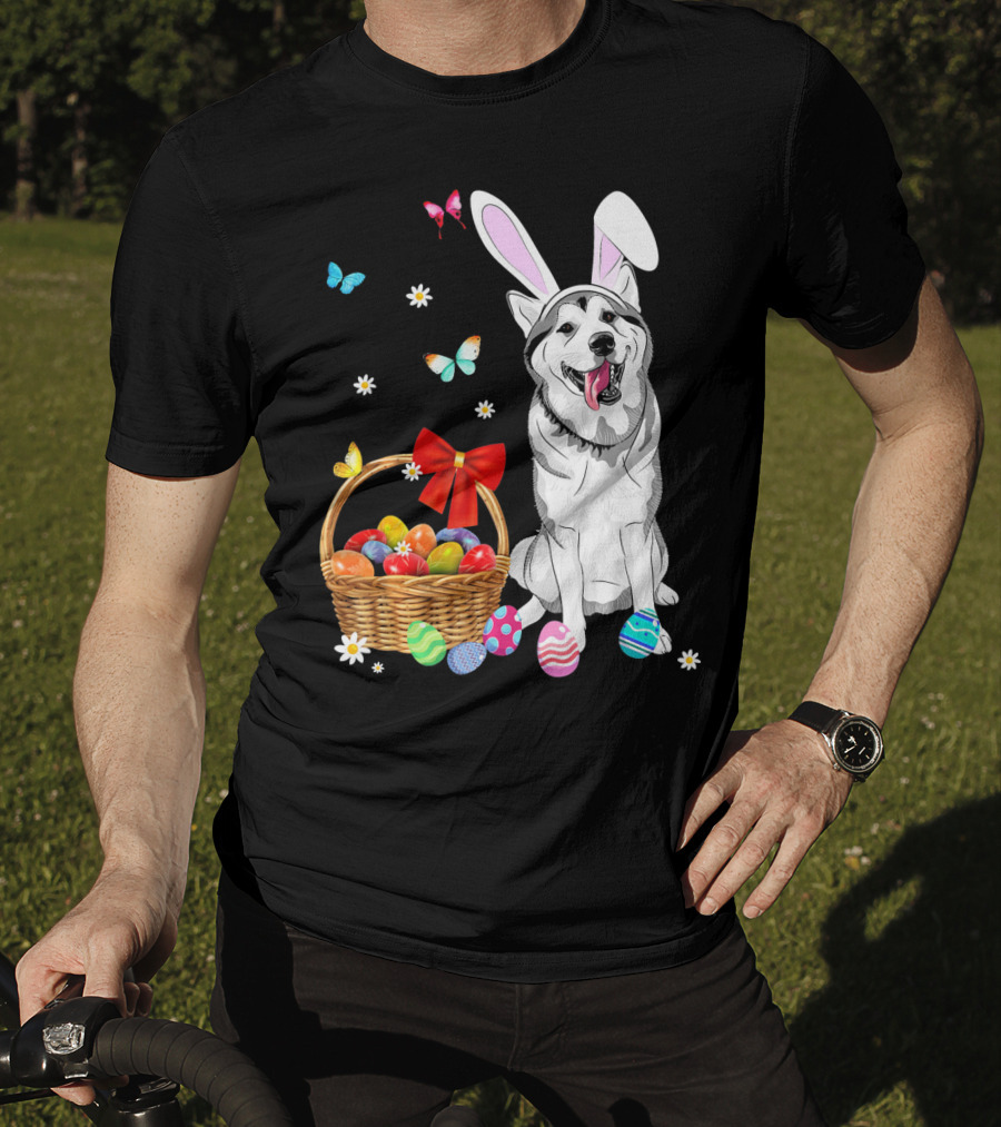 Siberian Husky Bunny Ears Easter Basket Eggs Butterflies T-Shirt