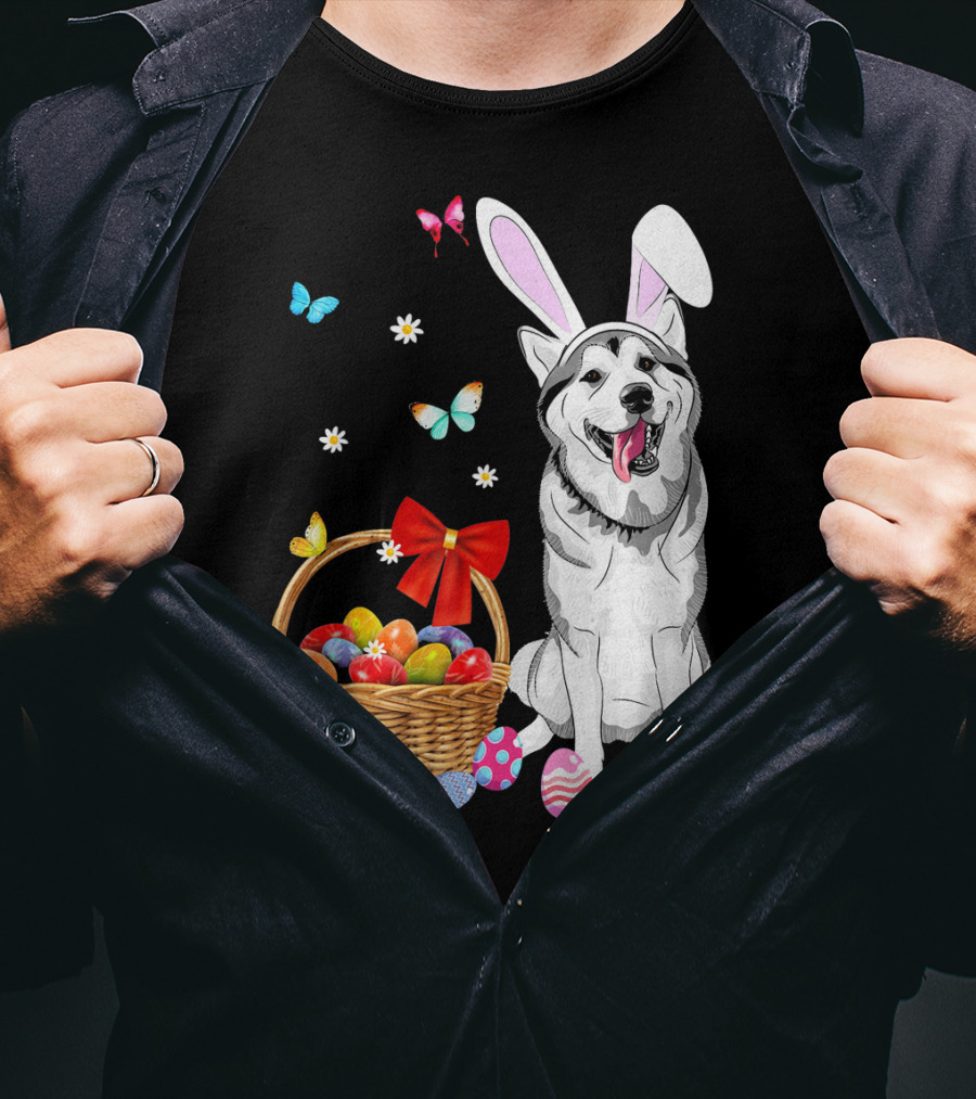 Siberian Husky Bunny Ears Easter Basket Eggs Butterflies T-Shirt