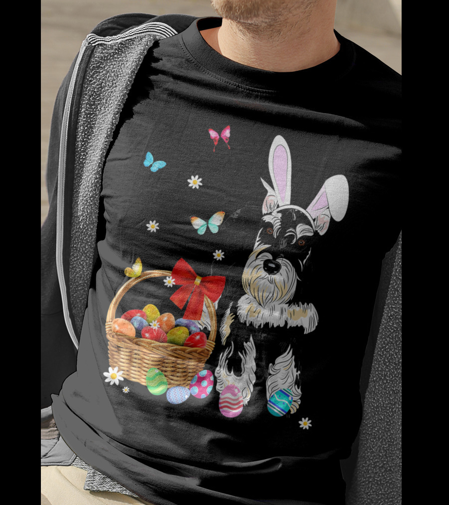 Miniature Schnauzer Bunny Ear With Easter Egg Basket And Butterflies T-Shirt