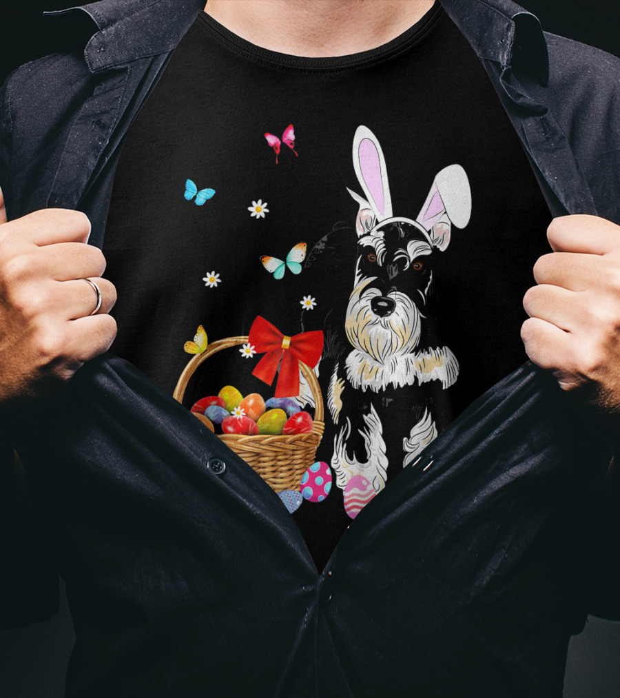 Miniature Schnauzer Bunny Ear With Easter Egg Basket And Butterflies T-Shirt