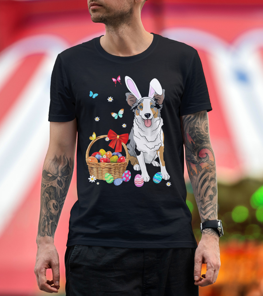 Australian Shepherd Bunny Ear Butterflies Basket Easter Egg Flowers T-Shirt