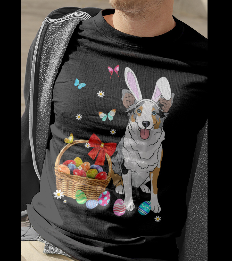 Australian Shepherd Bunny Ear Butterflies Basket Easter Egg Flowers T-Shirt