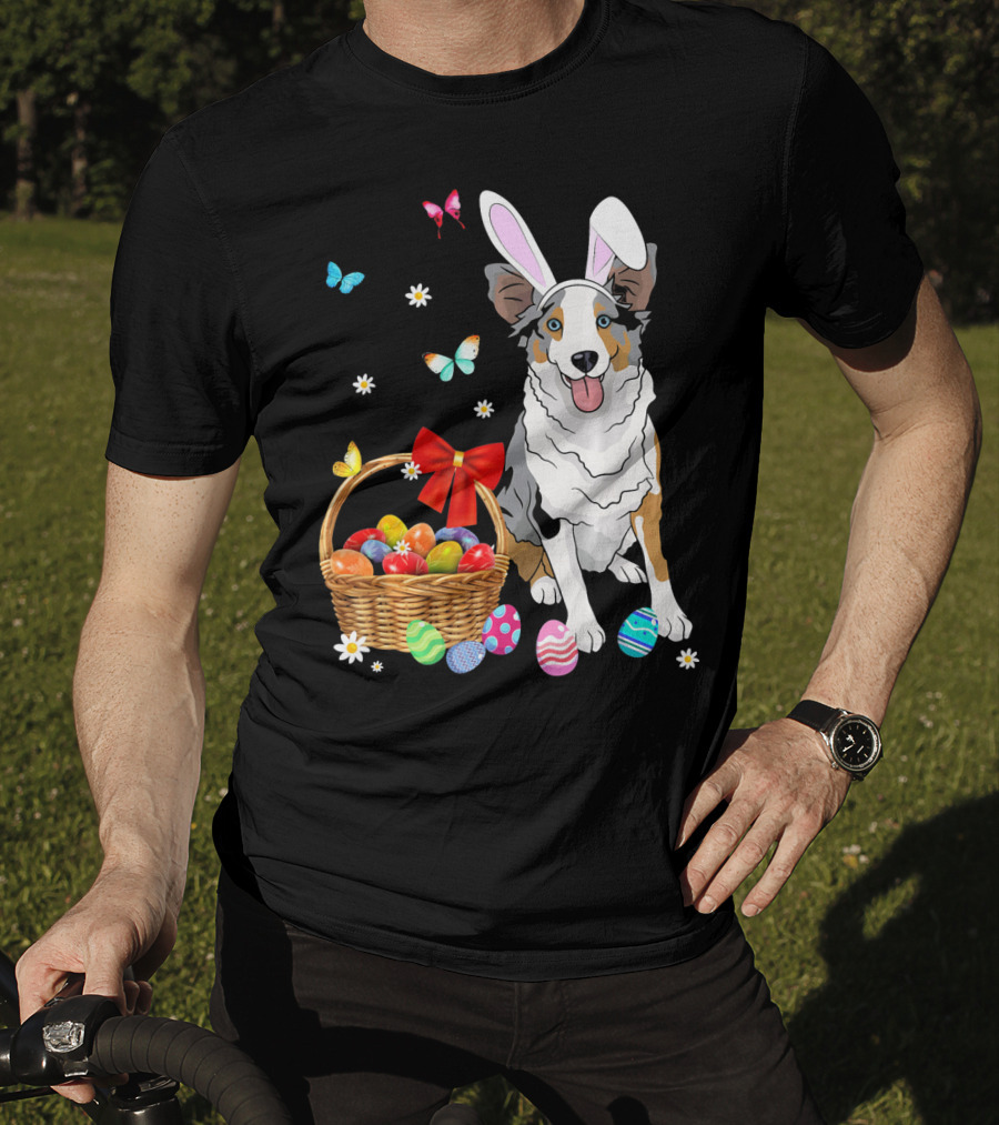 Australian Shepherd Bunny Ear Butterflies Basket Easter Egg Flowers T-Shirt