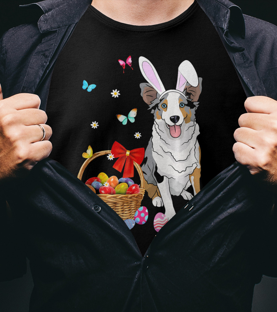 Australian Shepherd Bunny Ear Butterflies Basket Easter Egg Flowers T-Shirt