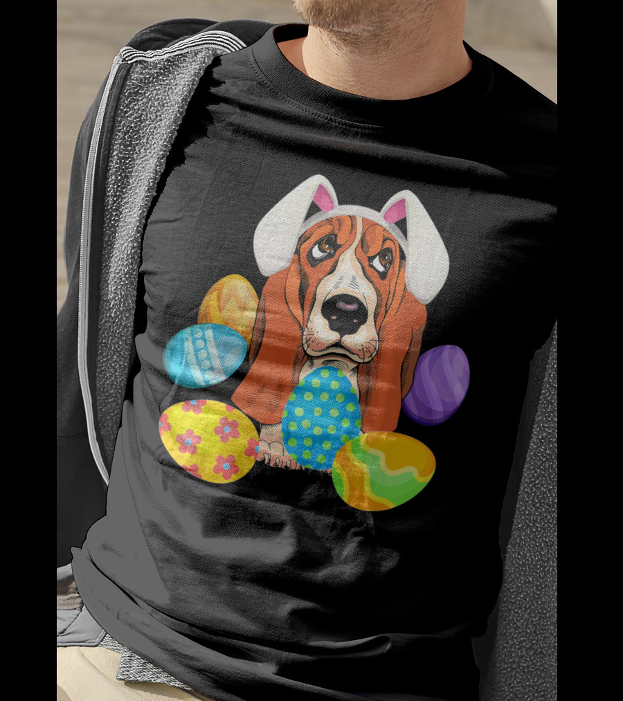 Basset Hound Bunny Rabbit Hat Easter Eggs Playful Scene T-Shirt