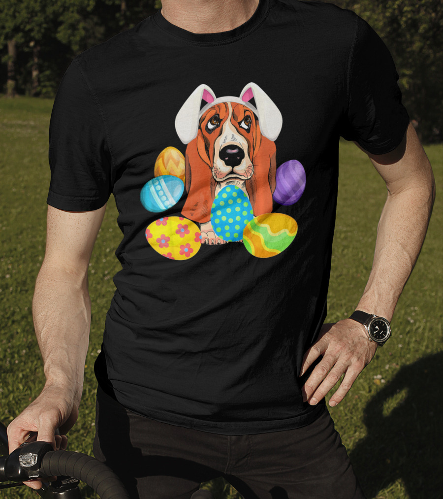 Basset Hound Bunny Rabbit Hat Easter Eggs Playful Scene T-Shirt