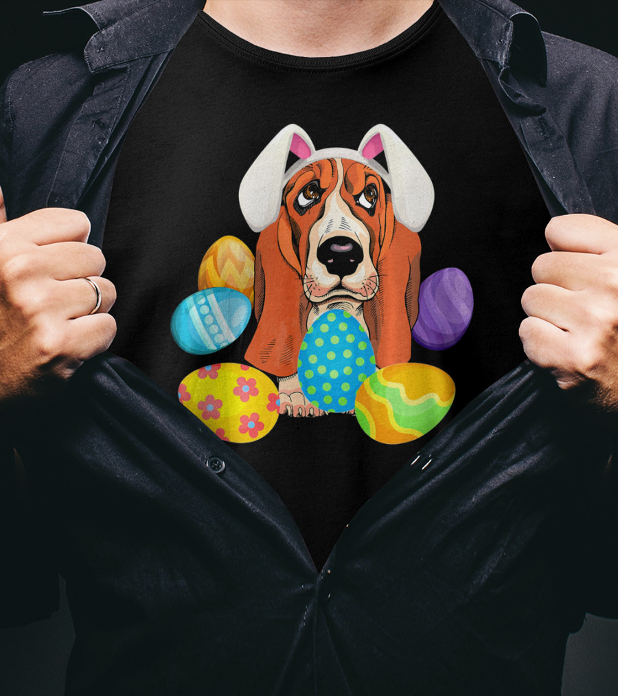 Basset Hound Bunny Rabbit Hat Easter Eggs Playful Scene T-Shirt
