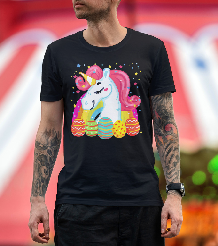 Unicorn with Rainbow Mane and Colorful Easter Eggs T-Shirt
