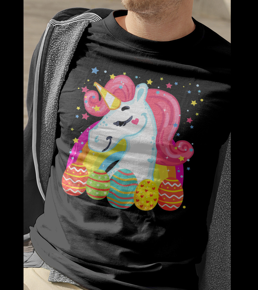 Unicorn With Rainbow Mane And Colorful Easter Eggs T-Shirt