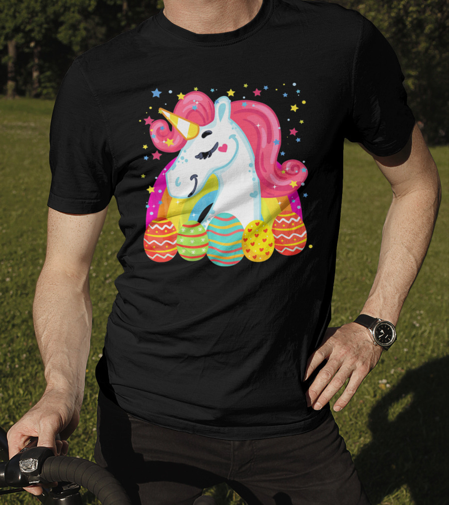 Unicorn With Rainbow Mane And Colorful Easter Eggs T-Shirt