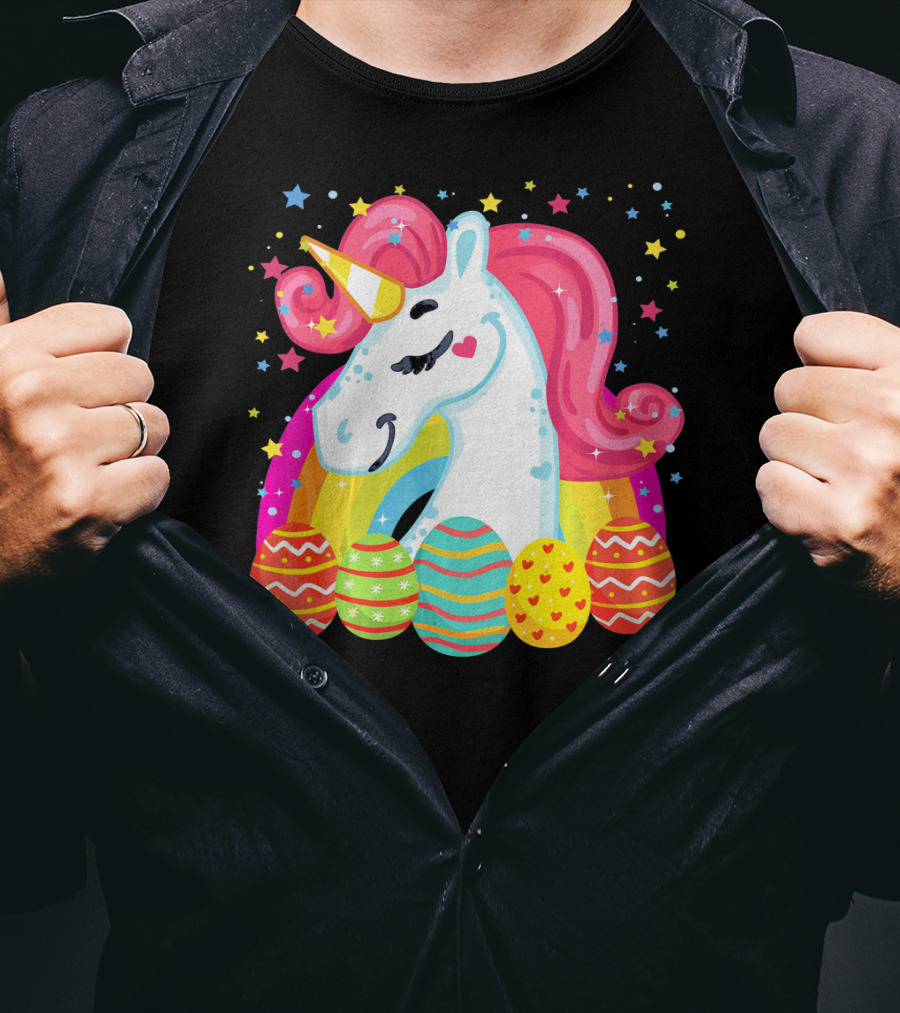 Unicorn With Rainbow Mane And Colorful Easter Eggs T-Shirt