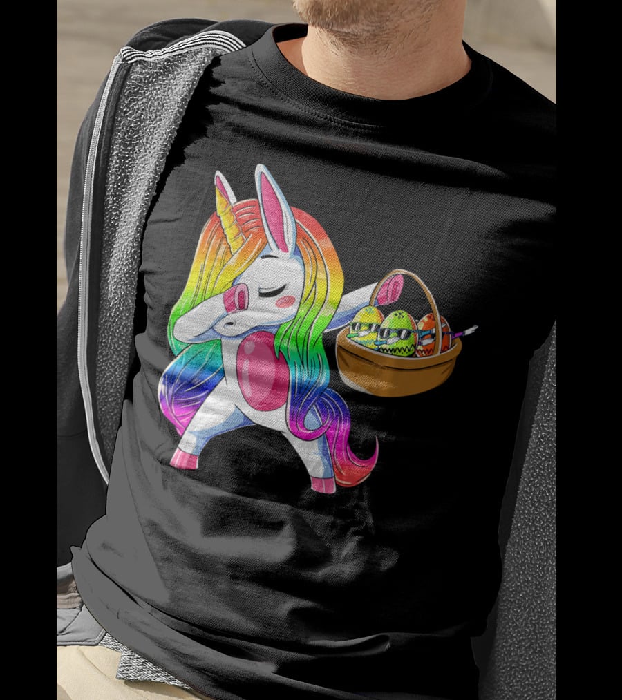 Girls Easter Unicorn Dabbing With Bunny Ear And Colorful Egg Basket T-Shirt