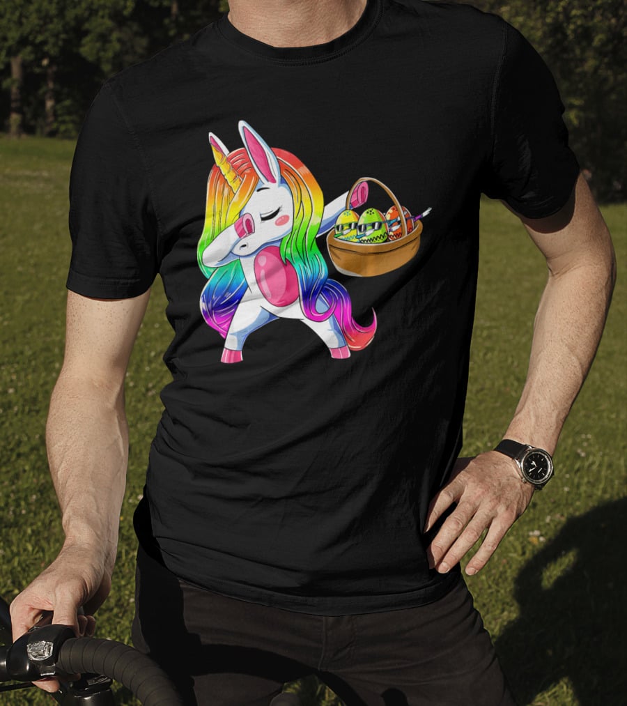 Girls Easter Unicorn Dabbing With Bunny Ear And Colorful Egg Basket T-Shirt
