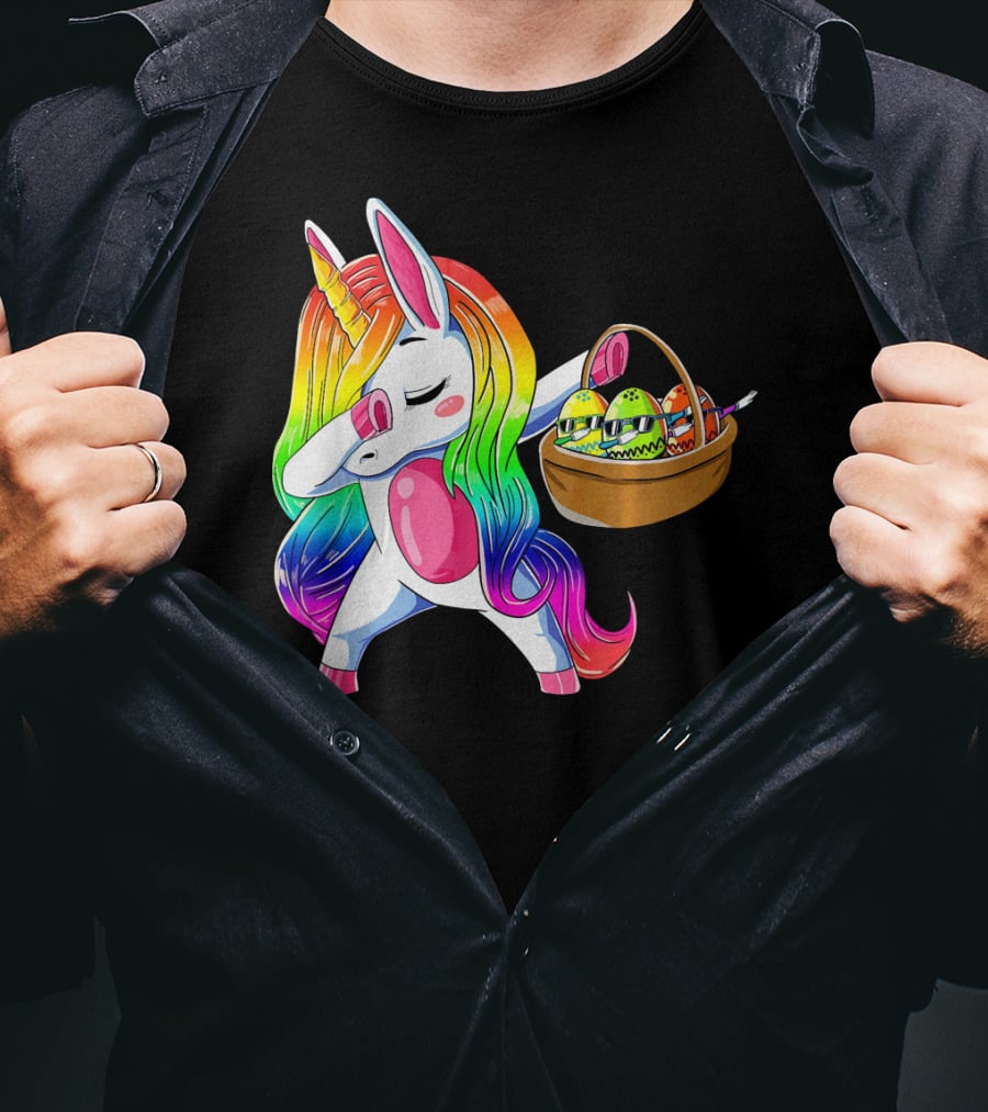 Girls Easter Unicorn Dabbing With Bunny Ear And Colorful Egg Basket T-Shirt