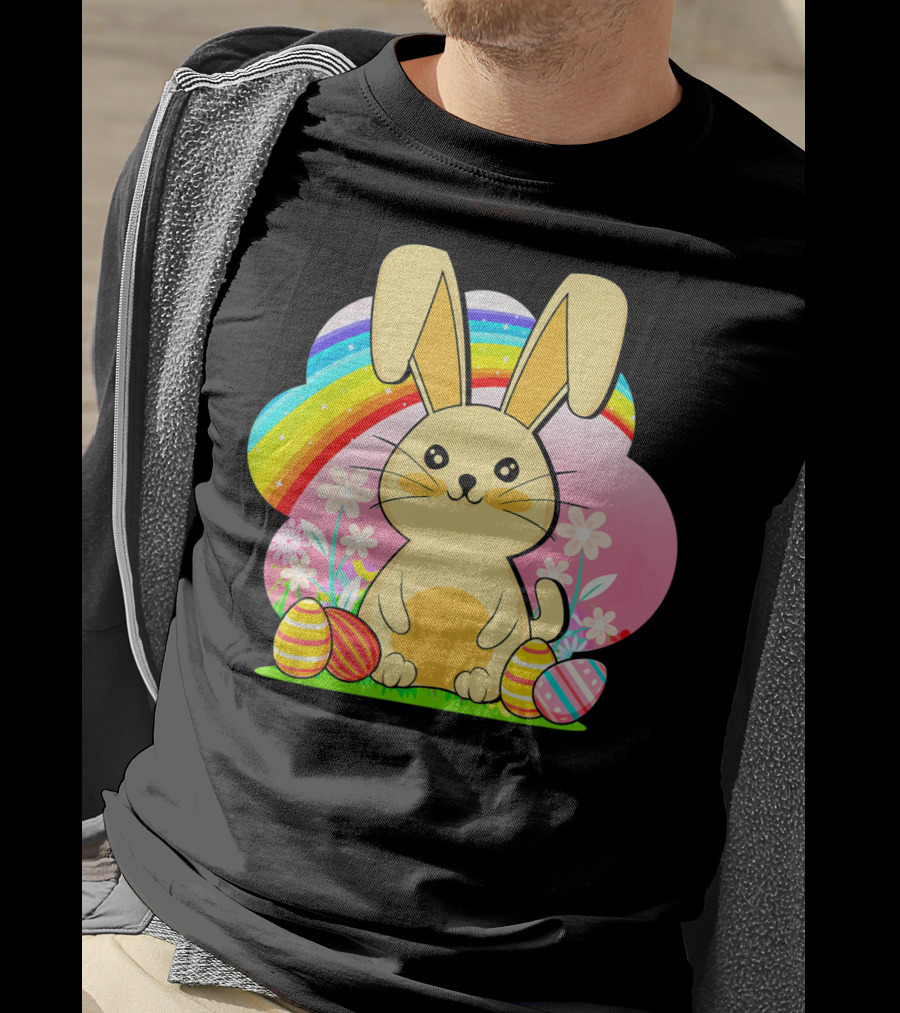 Easter Egg Bunny With Rainbow And Flowers T-Shirt