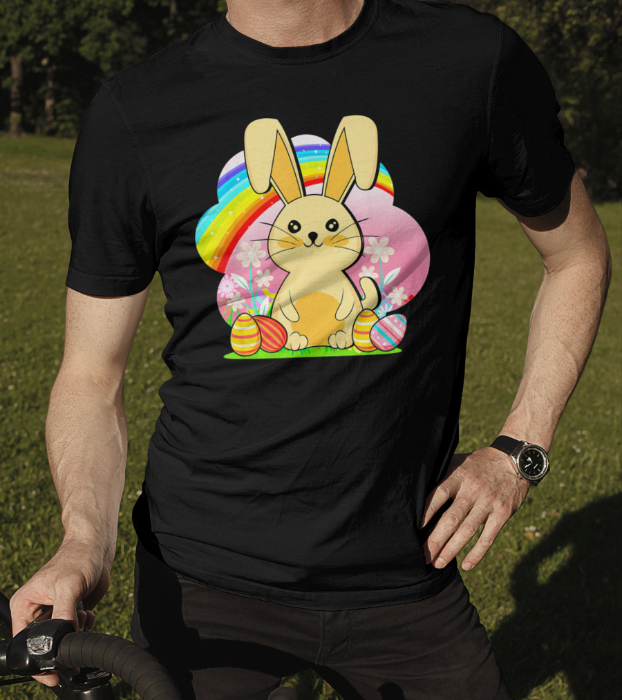 Easter Egg Bunny With Rainbow And Flowers T-Shirt