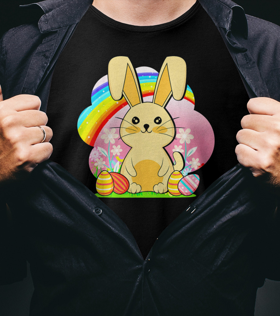 Easter Egg Bunny With Rainbow And Flowers T-Shirt