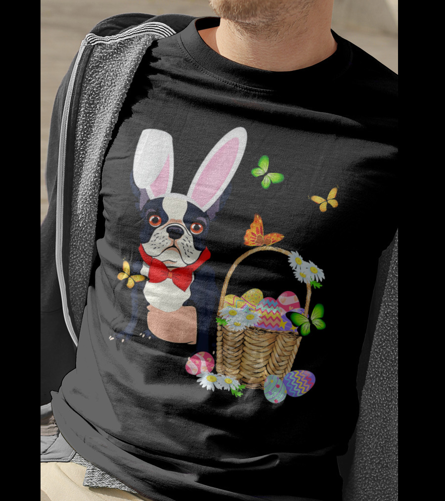 French Bulldog Bunny Hat Rabbit Easter Basket Eggs Butterflies T-Shirt
