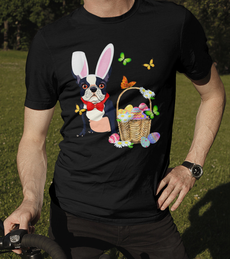 French Bulldog Bunny Hat Rabbit Easter Basket Eggs Butterflies T-Shirt