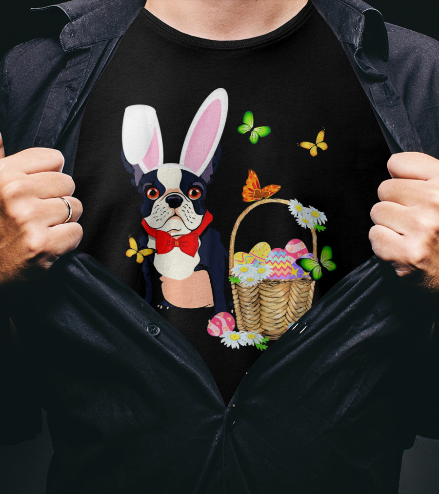 French Bulldog Bunny Hat Rabbit Easter Basket Eggs Butterflies T-Shirt