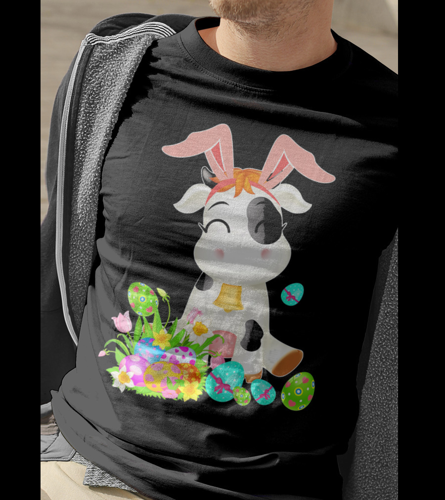 Happy Cow Easter Bunny With Colorful Eggs And Flowers T-Shirt
