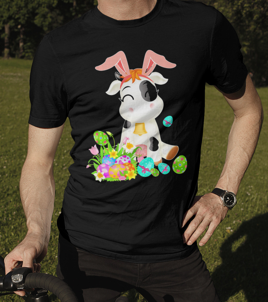 Happy Cow Easter Bunny With Colorful Eggs And Flowers T-Shirt