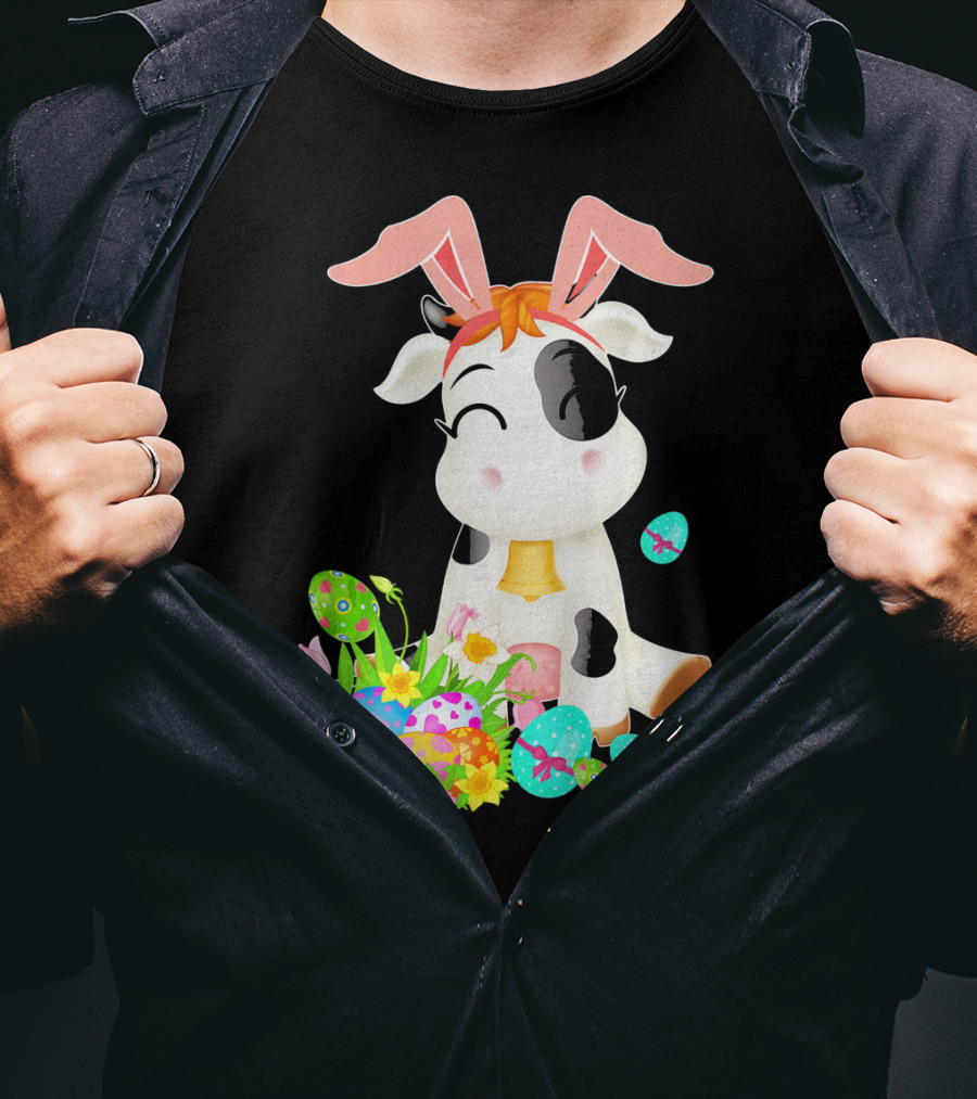 Happy Cow Easter Bunny With Colorful Eggs And Flowers T-Shirt