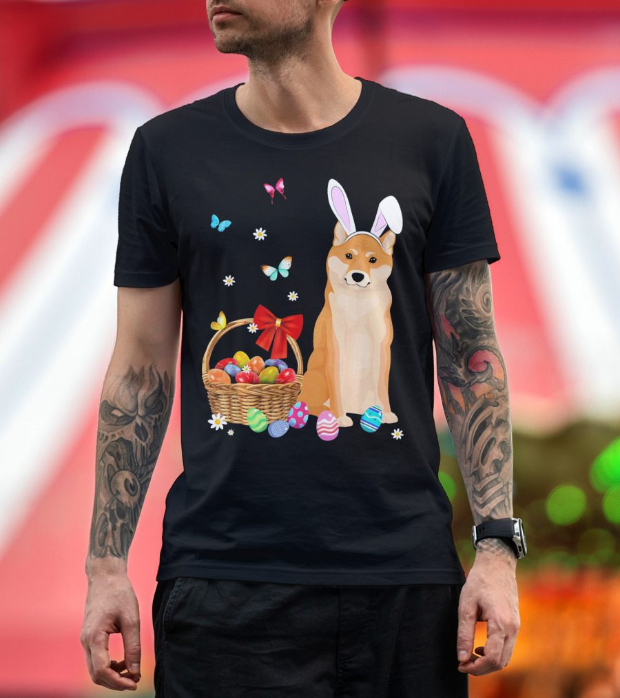 Shiba Inu Bunny Ear Rabbit Easter Eggs Basket Butterflies Flowers T-Shirt