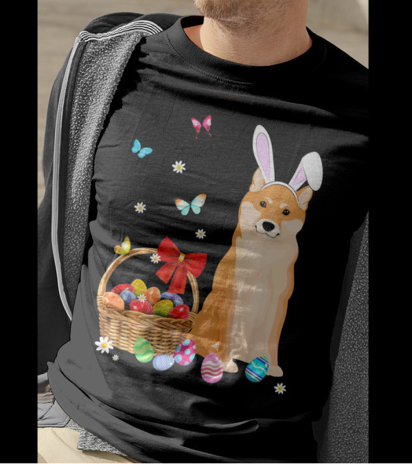 Shiba Inu Bunny Ear Rabbit Easter Eggs Basket Butterflies Flowers T-Shirt