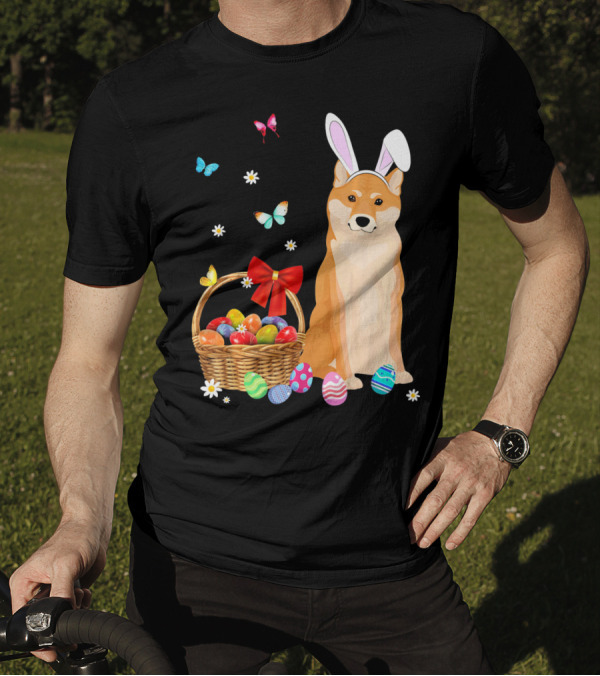 Shiba Inu Bunny Ear Rabbit Easter Eggs Basket Butterflies Flowers T-Shirt