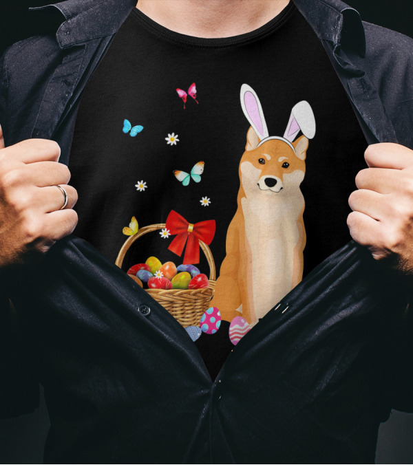 Shiba Inu Bunny Ear Rabbit Easter Eggs Basket Butterflies Flowers T-Shirt