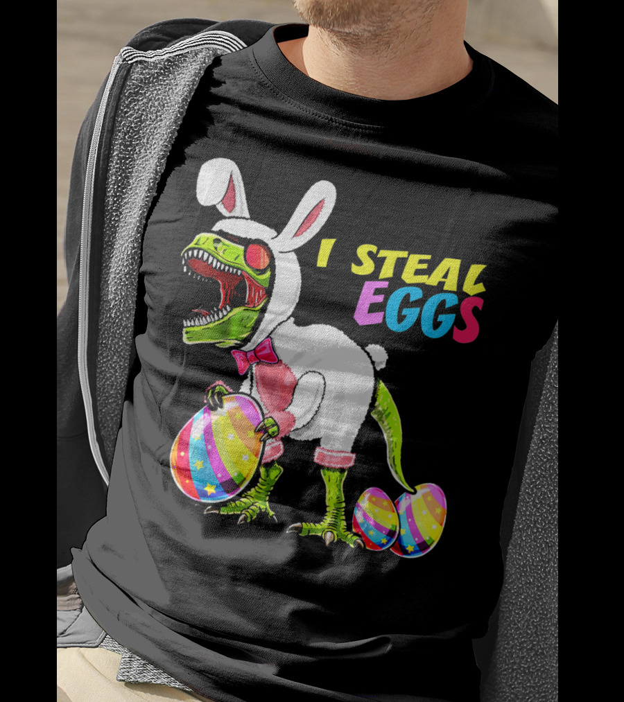 I Steal Easter Eggs Dinosaur Rex Bunny In Costume Holding Colorful Striped Eggs T-Shirt