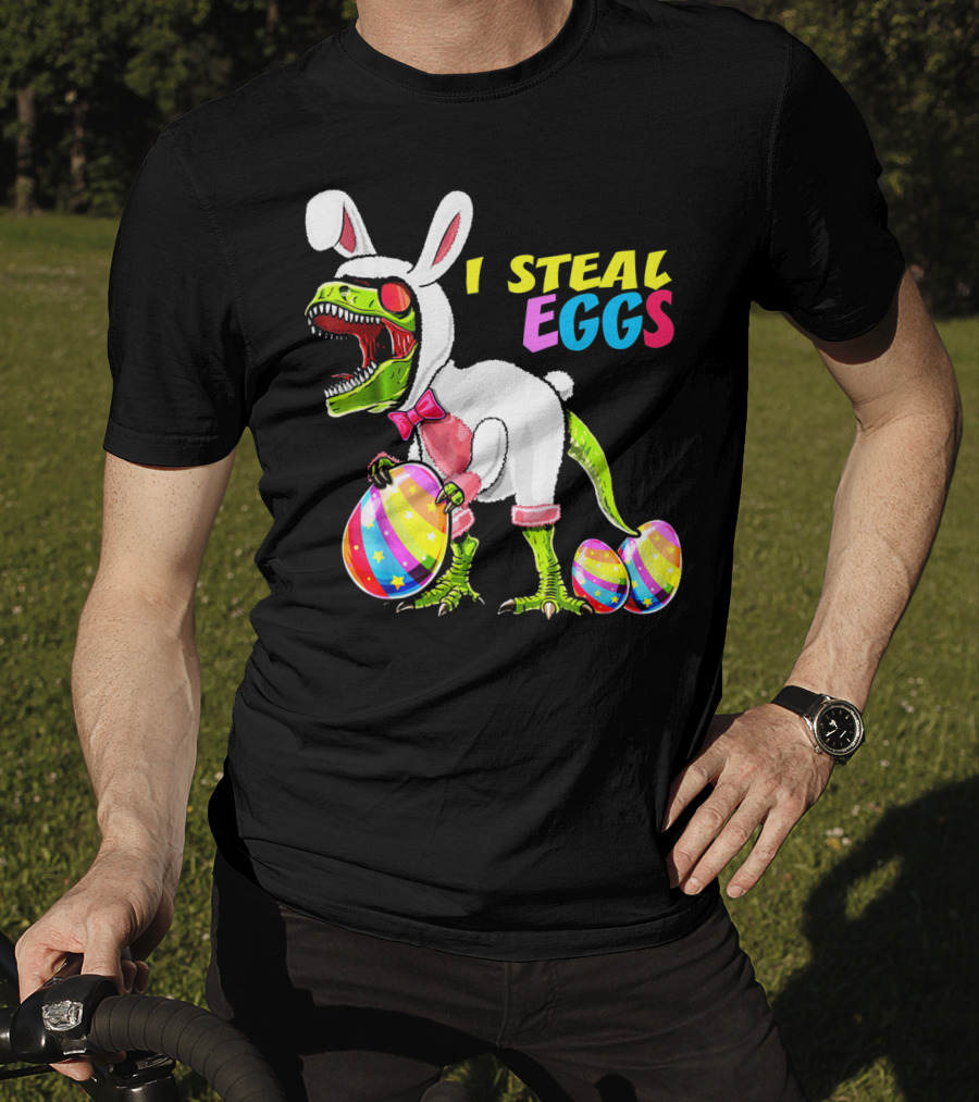 I Steal Easter Eggs Dinosaur Rex Bunny In Costume Holding Colorful Striped Eggs T-Shirt