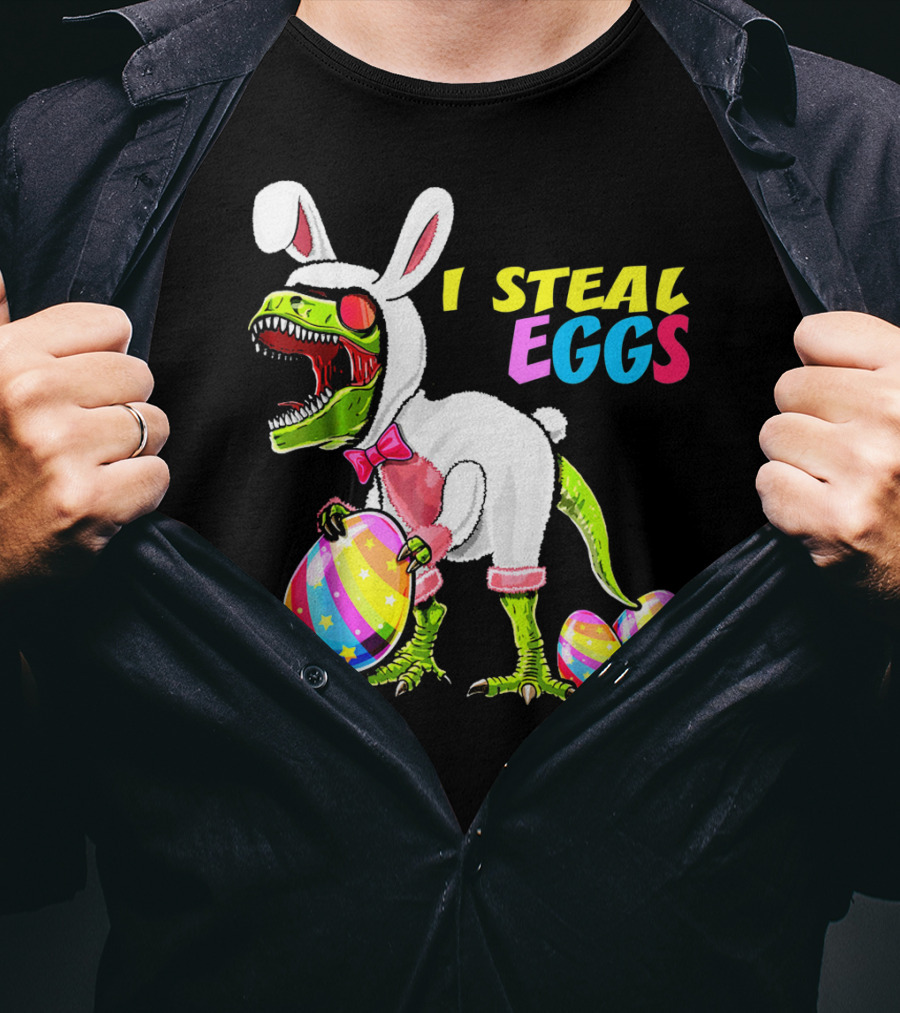 I Steal Easter Eggs Dinosaur Rex Bunny In Costume Holding Colorful Striped Eggs T-Shirt