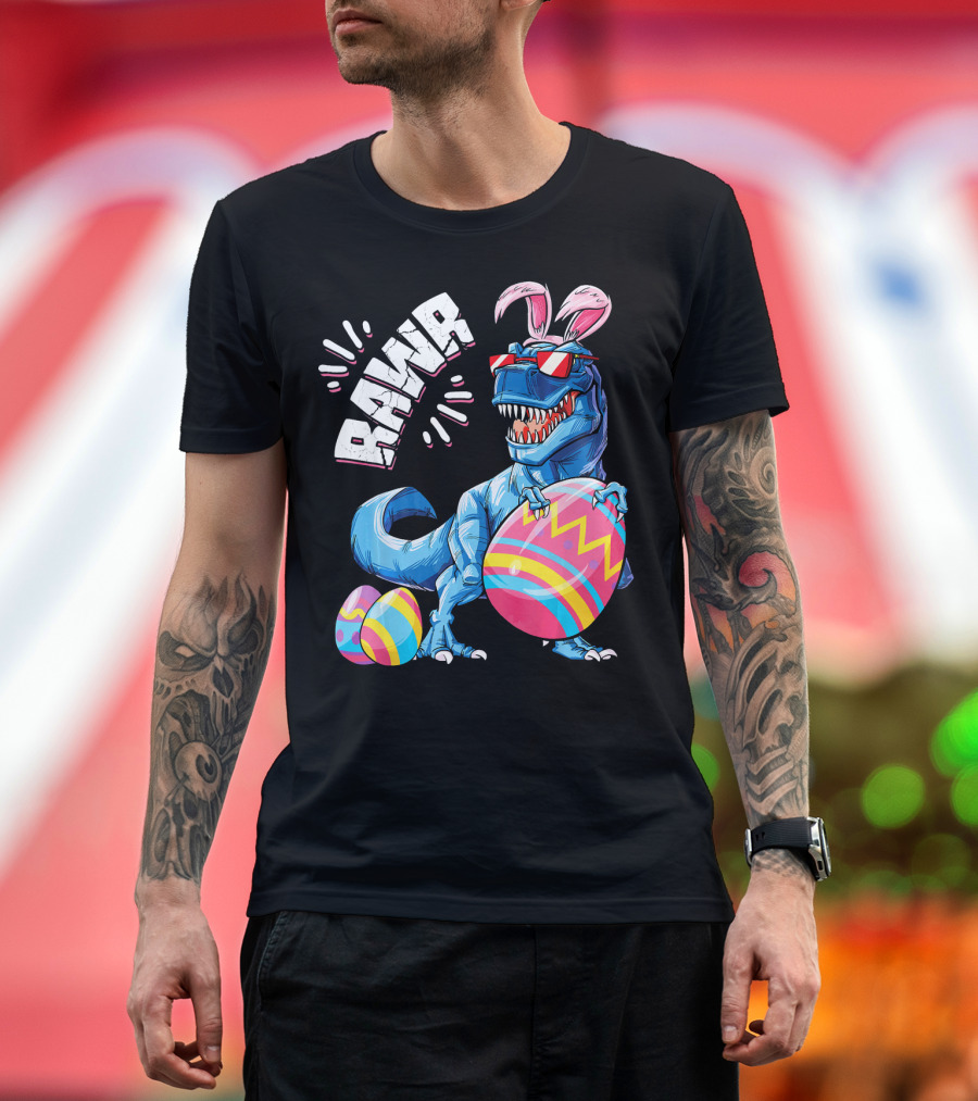 RAWR Easter Bunny Dinosaur T-Rex with Colorful Eggs T-Shirt