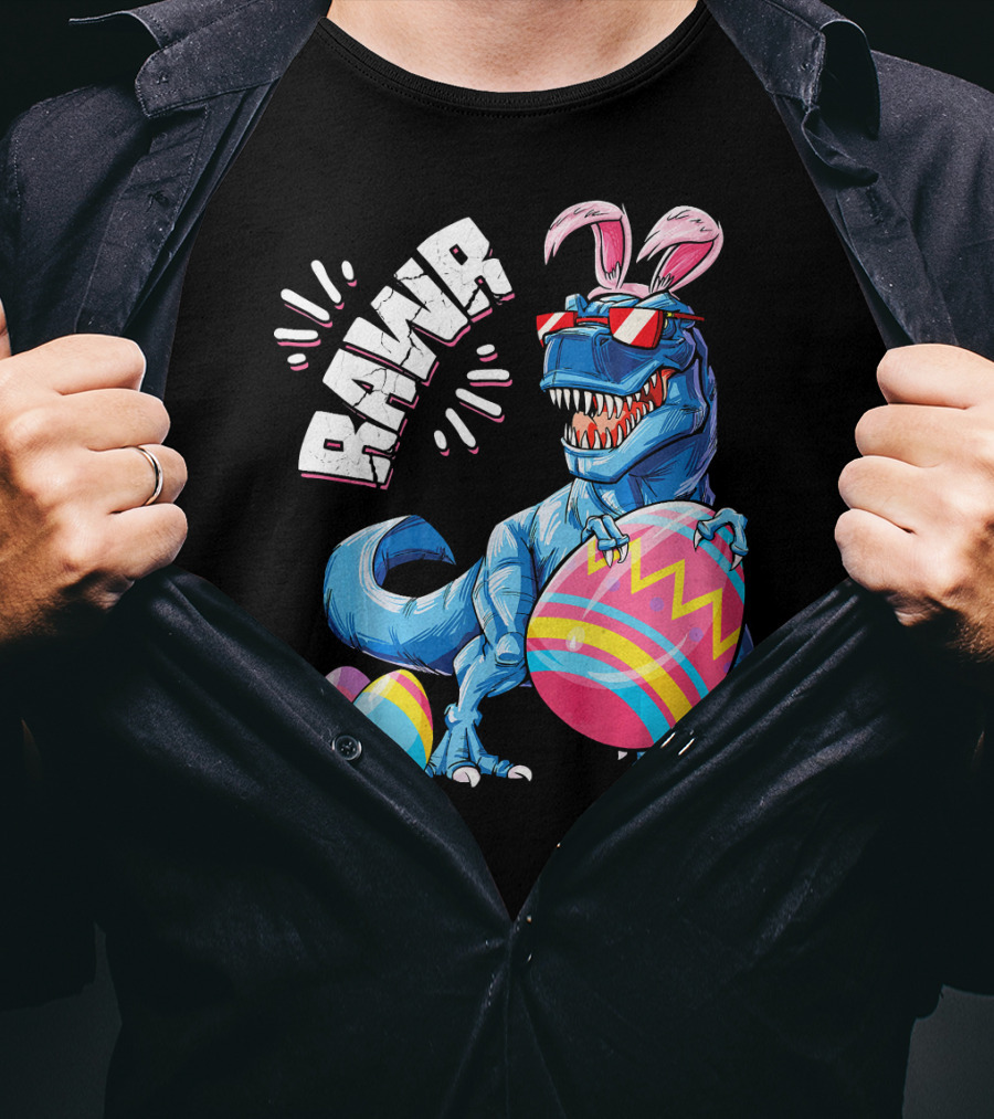 RAWR Easter Bunny Dinosaur T-Rex With Colorful Eggs T-Shirt
