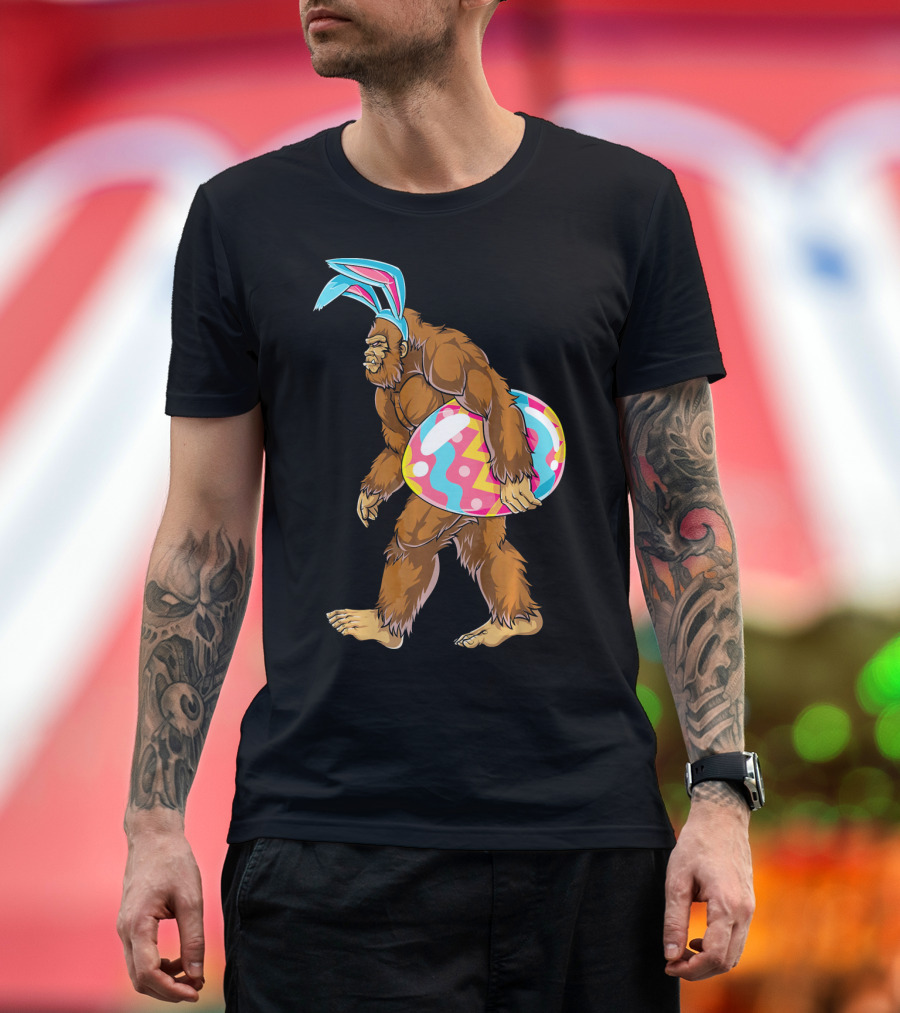 Bigfoot Sasquatch with Easter Bunny Ears and Egg T-Shirt
