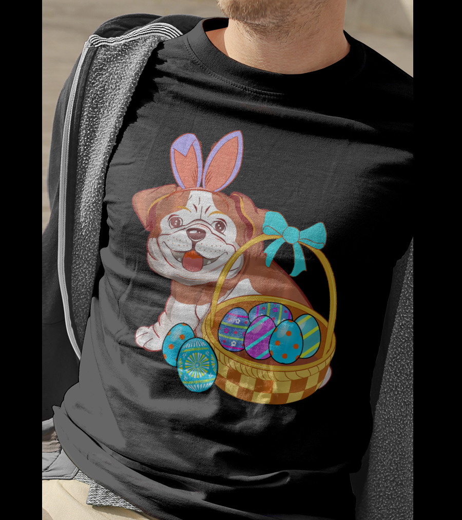 Easter Bulldog Holiday Bunny Ears With Easter Egg Basket T-Shirt