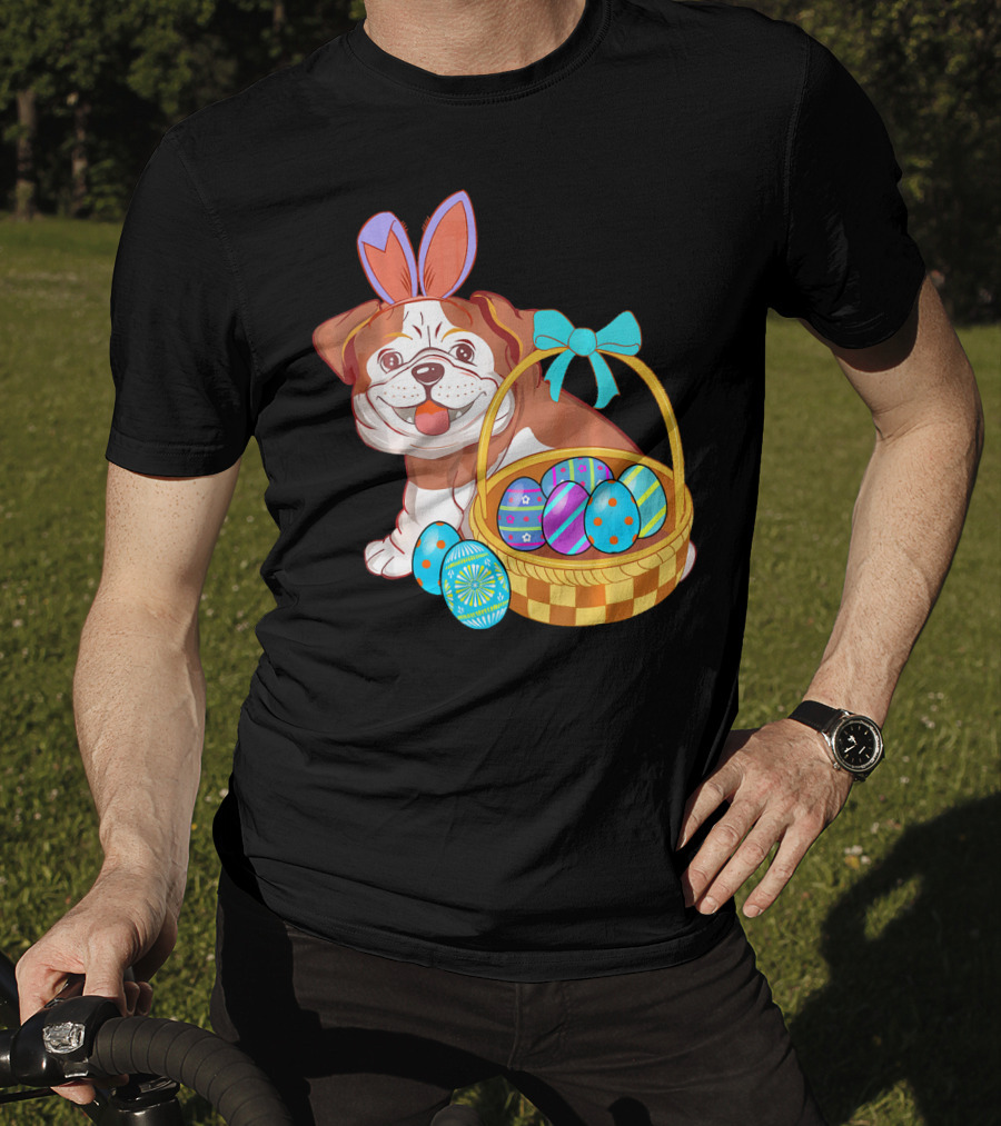 Easter Bulldog Holiday Bunny Ears With Easter Egg Basket T-Shirt