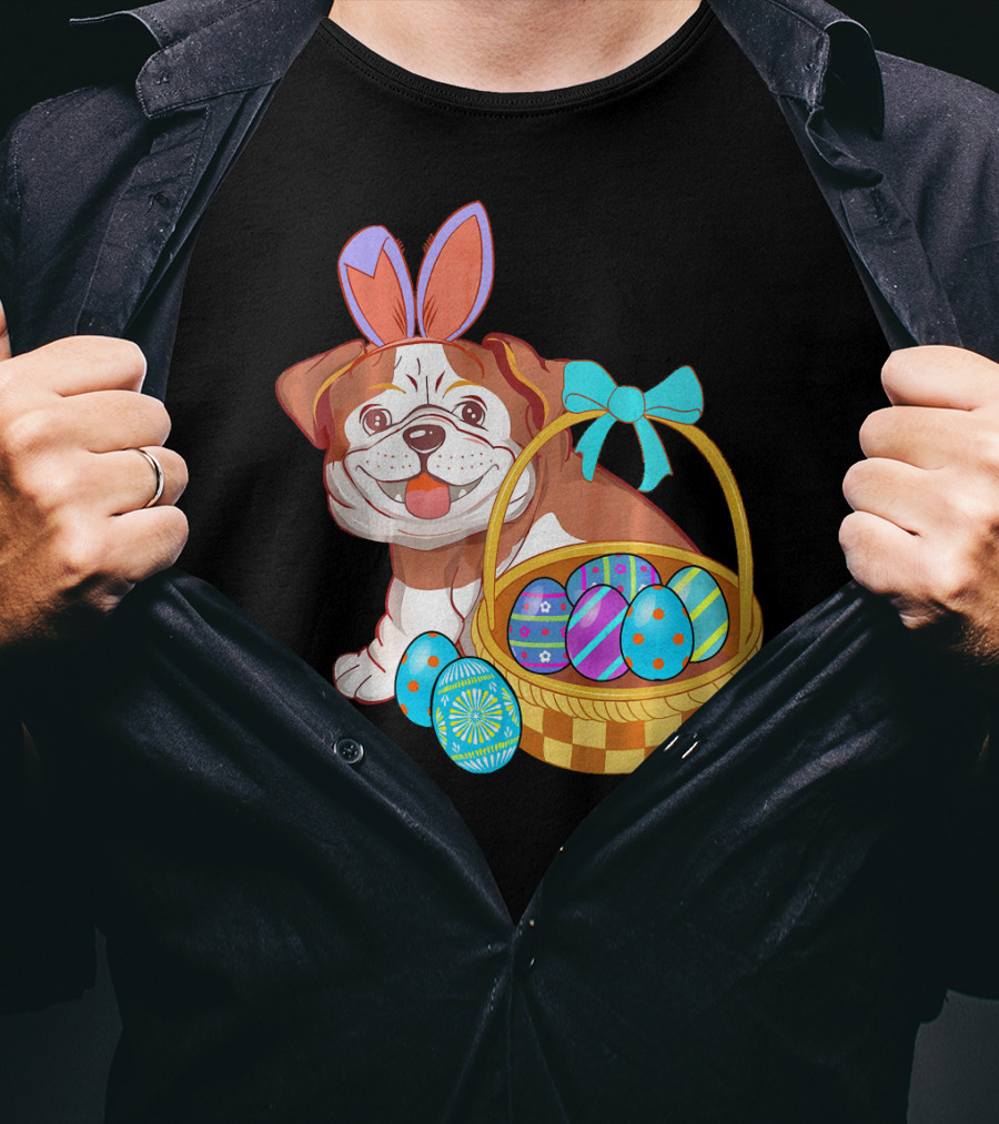Easter Bulldog Holiday Bunny Ears With Easter Egg Basket T-Shirt