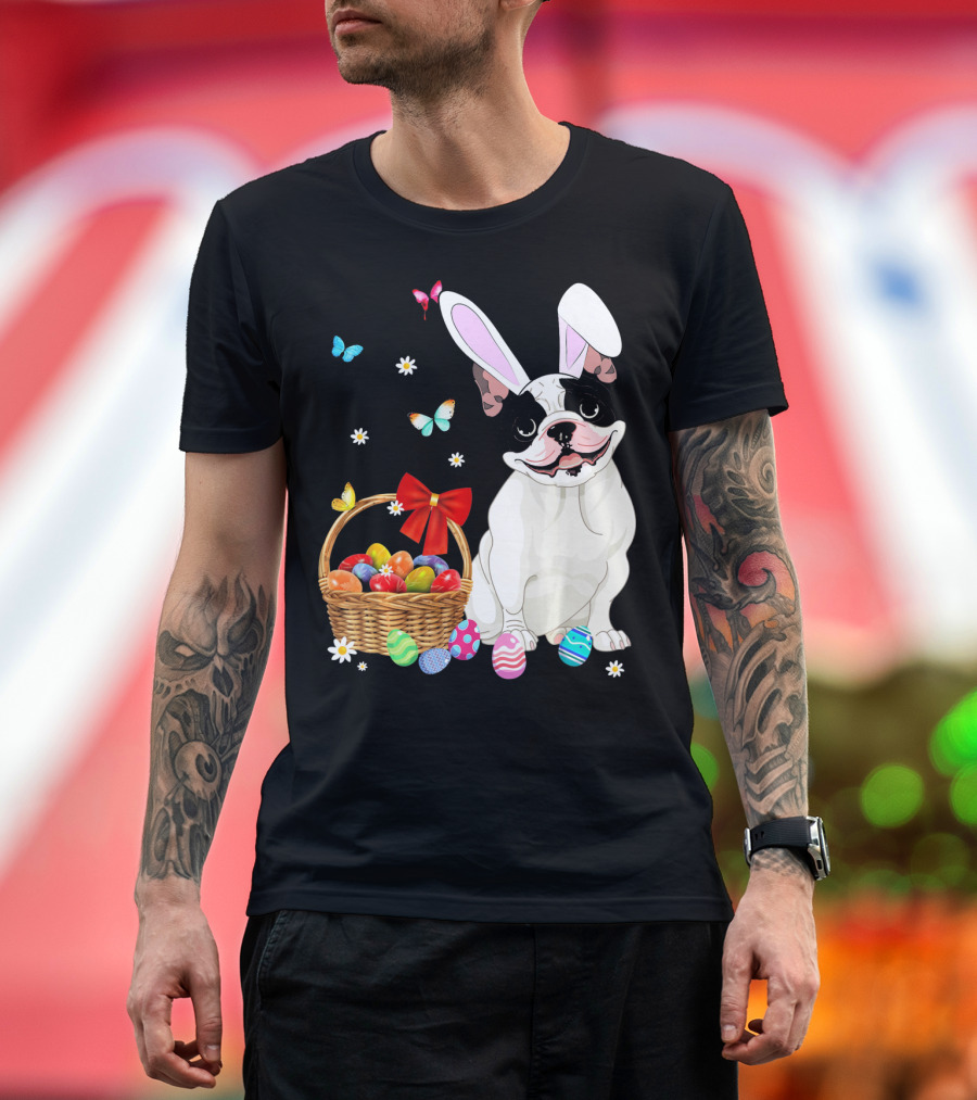 French Bulldog with Bunny Ears and Easter Egg Basket with Butterflies and Flowers T-Shirt